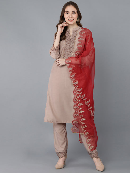 Ahika Poly Silk Embroidered Kurta Trousers With