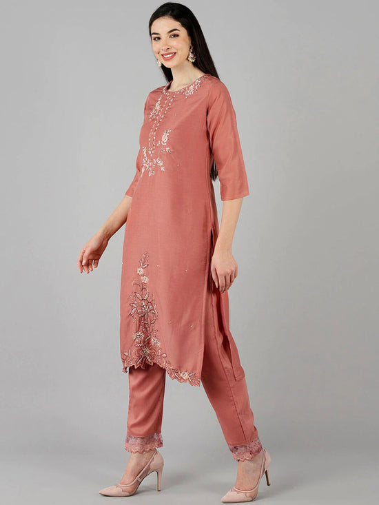 Ahika Women Peach Floral Embroidered Kurta With Trousers Dupatta