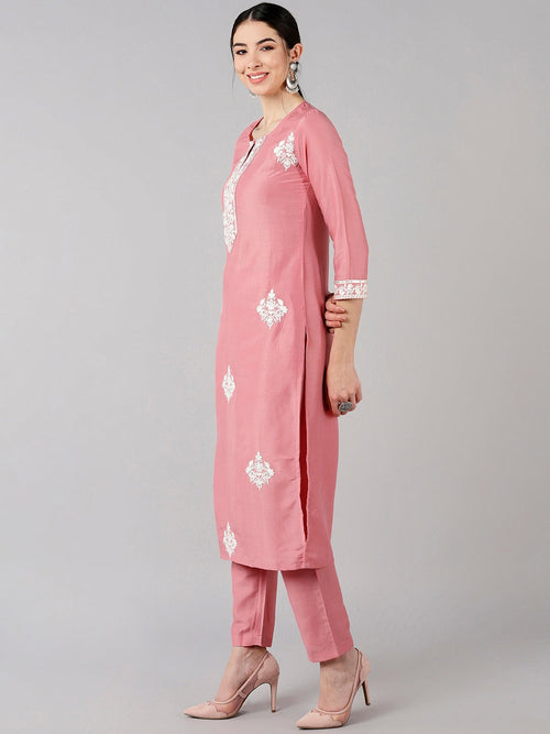 Ahika Women Pink Solid Embroidered Kurta Trousers With Dupatta 2