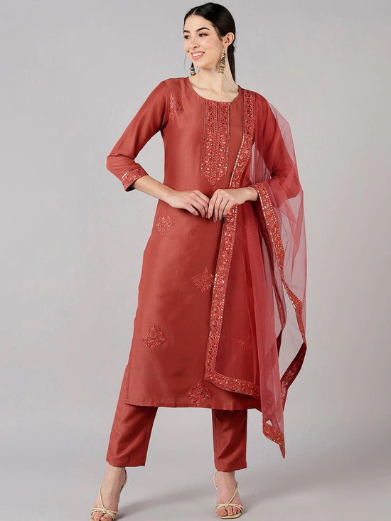 Ahika Women Peach Solid Embroidered Kurta Trousers With Dupatta 3