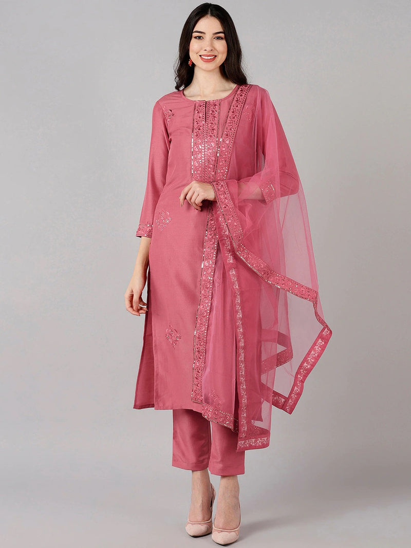 Ahika Women Rose Solid Embroidered Kurta Trousers With Dupatta Pkskd1270