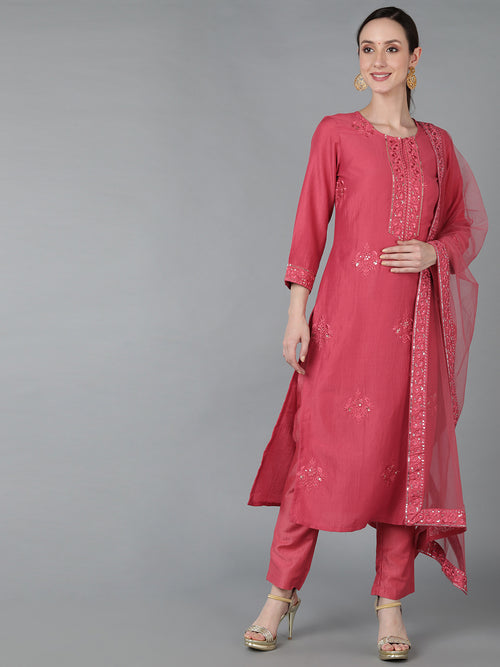 Ahika Women Poly Silk Embroidered Kurta Trousers