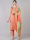 Ahika Women Peach Solid Embroidered Kurta Trousers With Dupatta 4