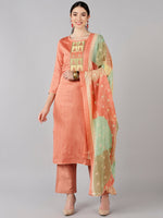 Ahika Women Peach Solid Embroidered Kurta Trousers With Dupatta 4