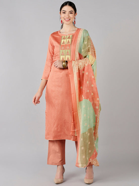 Ahika Women Peach Solid Embroidered Kurta Trousers With Dupatta 4