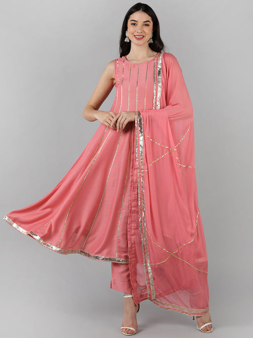 Ahika Women Pink Solid Kurti Trousers With Dupatta