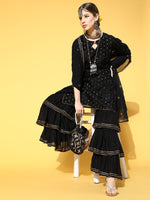 Ahika Women Black Woven Design Kurta Sharara With Dupatta
