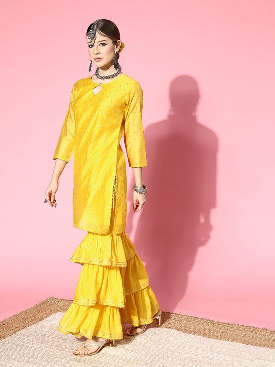 Ahika Women Yellow Woven Design Kurta Sharara With Dupatta