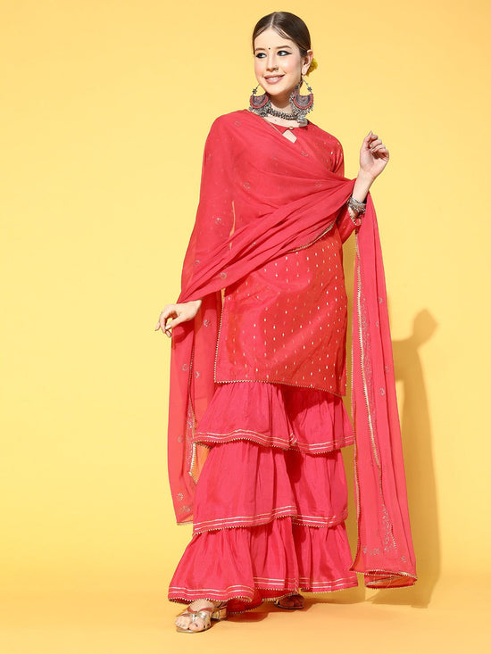 Ahika Women Coral Woven Design Kurta Sharara With Dupatta