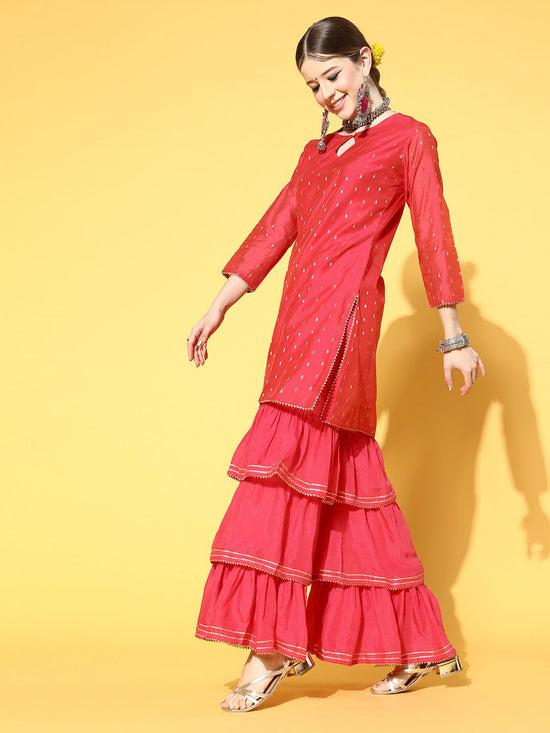 Ahika Women Coral Woven Design Kurta Sharara With Dupatta