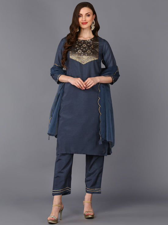 Poly Silk Grey Embroidered Straight Kurta Pant