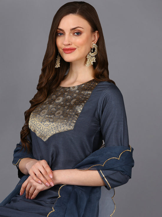 Poly Silk Grey Embroidered Straight Kurta Pant