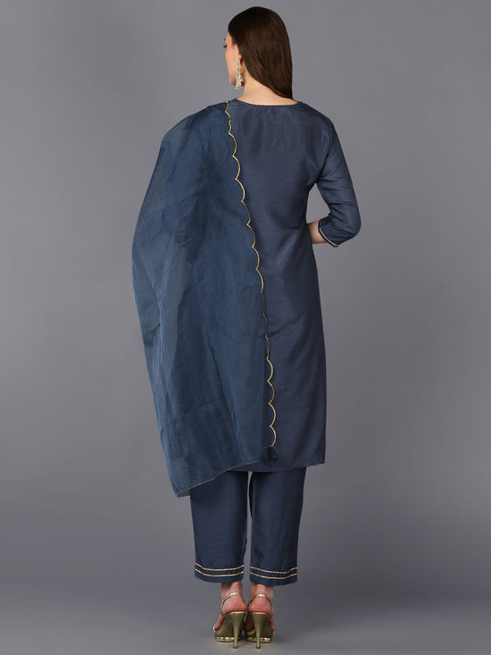 Poly Silk Grey Embroidered Straight Kurta Pant