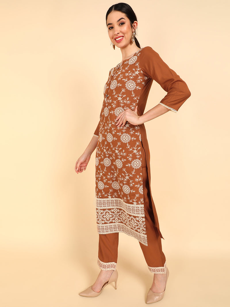 Ahika Poly Silk Embroidered Kurta Trousers With