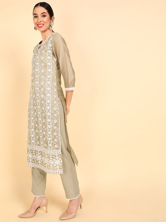 Ahika Poly Silk Embroidered Kurta Trousers With