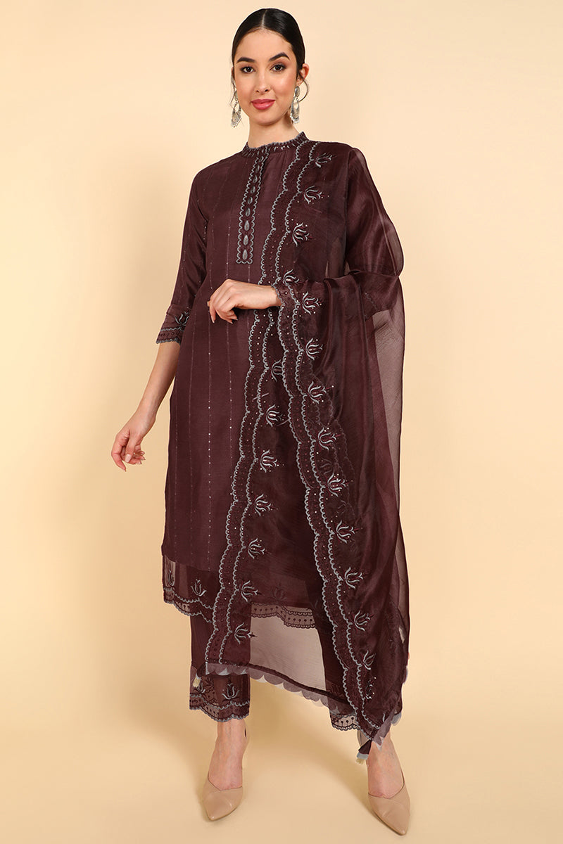 Ahika Poly Silk Solid Embroidered Kurta Trousers