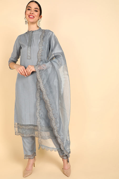 Ahika Poly Silk Solid Embroidered Kurta Trousers