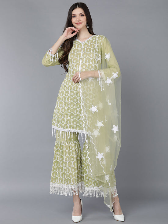 Ahika Women Olive Poly Silk Kurta Sharara With Dupatta