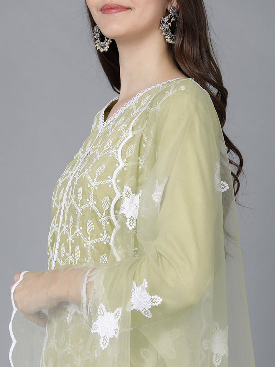 Ahika Women Olive Poly Silk Kurta Sharara With Dupatta