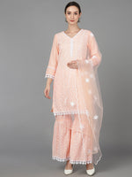 Ahika Women Peach Poly Silk Embroidered Kurta Sharara With Dupatta