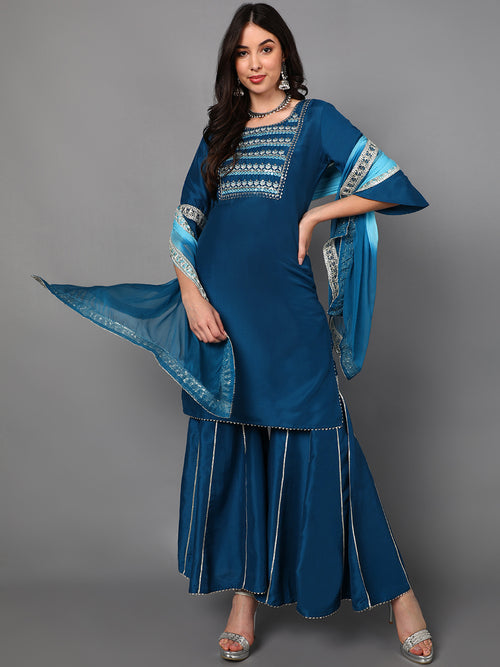 Ahika Poly Silk Embroidered Kurta Sharara With