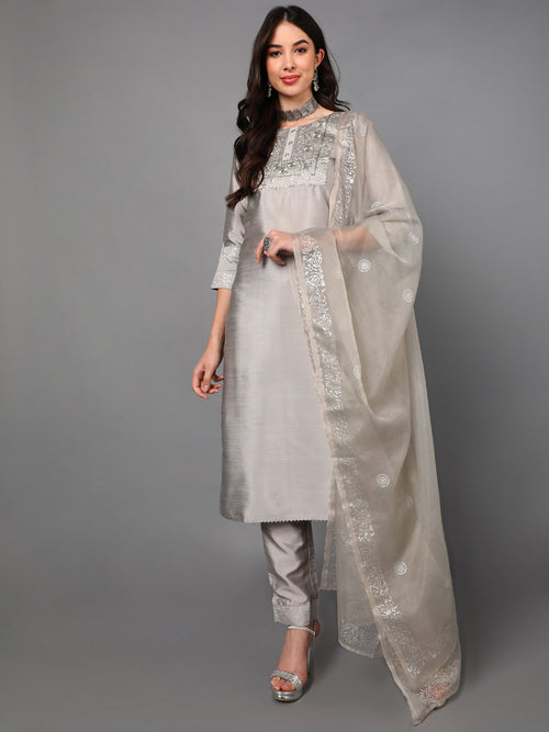 Ahika Poly Silk Embroidered Kurta Trousers Dupatta