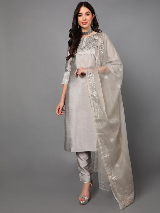 Ahika Poly Silk Embroidered Kurta Trousers Dupatta