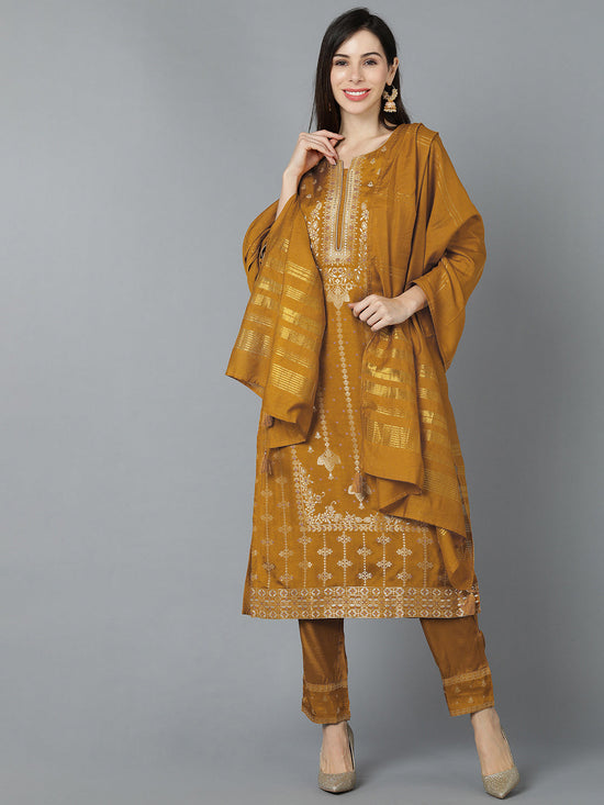 Ahika Women Mustard Poly Chanderi Embroidered Kurta Trousers With Dupatta