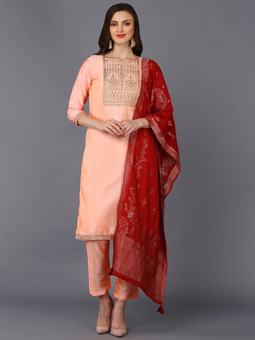 Poly Silk Peach Embroidered Straight Kurta Pant