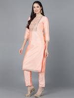 Ahika Women Peach Poly Silk Embroidered Kurta Trousers With Dupatta