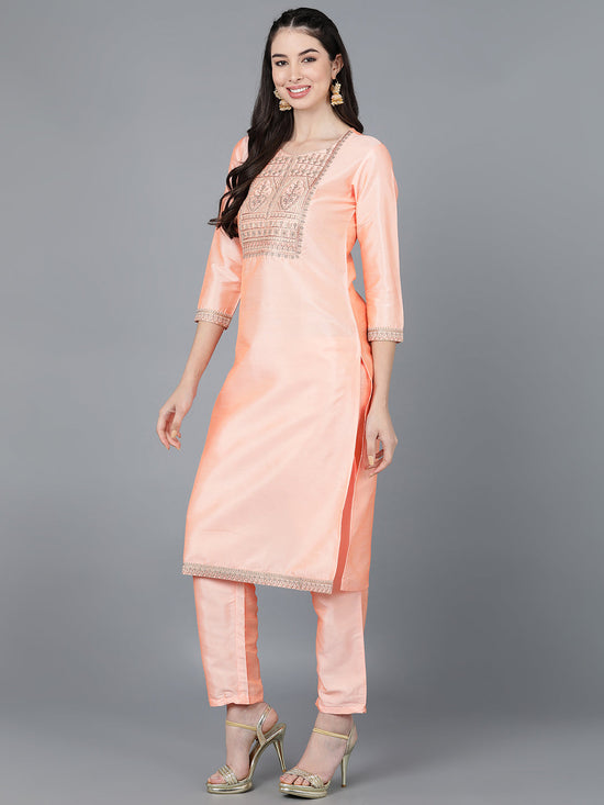 Ahika Women Peach Poly Silk Embroidered Kurta Trousers With Dupatta