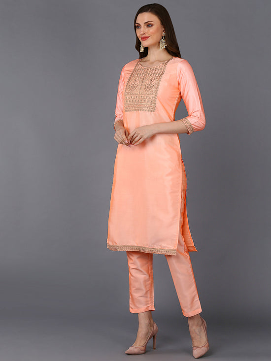 Poly Silk Peach Embroidered Straight Kurta Pant