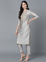 Ahika Women Grey Poly Silk Embroidered Kurta Trousers With Dupatta