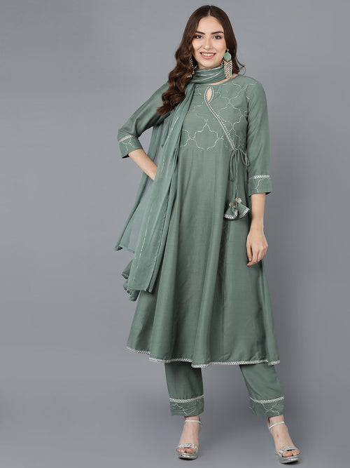 Ahika Poly Silk Solid Kurta Trousers With