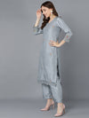 Ahika Women Grey Poly Silk Embroidered Kurta Trousers With Dupatta 1