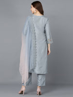 Ahika Women Grey Poly Silk Embroidered Kurta Trousers With Dupatta 1