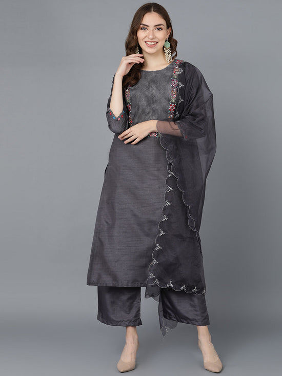 Ahika Women Grey Poly Silk Embroidered Kurta Trousers With Dupatta 2