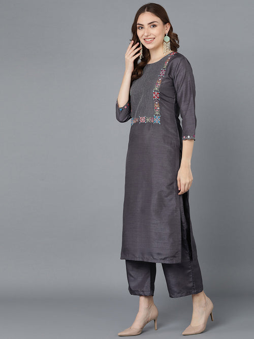 Ahika Women Grey Poly Silk Embroidered Kurta Trousers With Dupatta 2