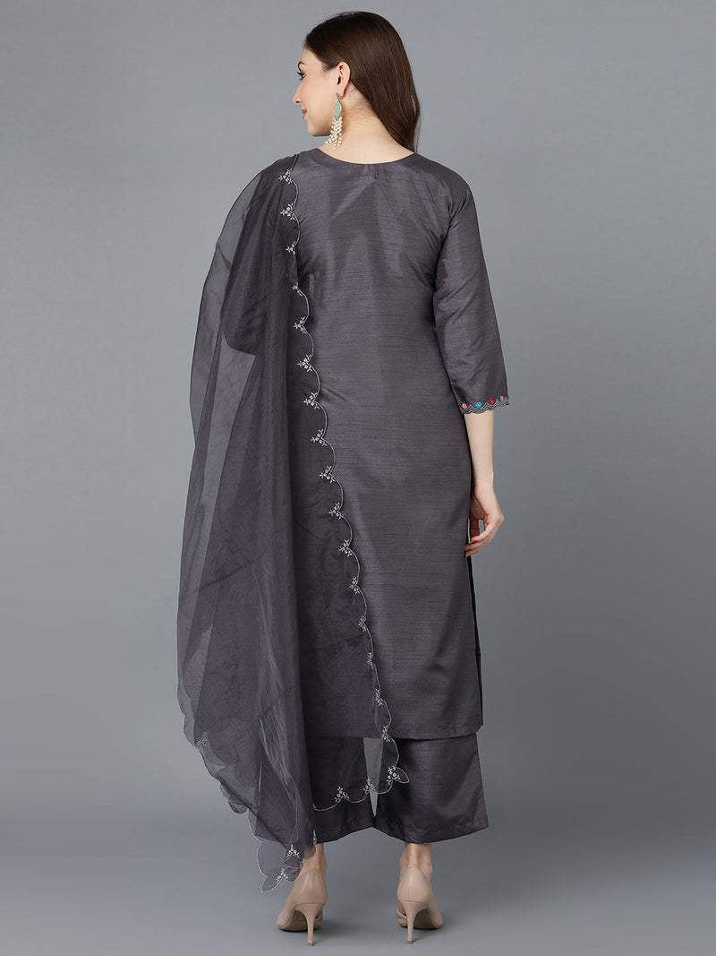 Ahika Women Grey Poly Silk Embroidered Kurta Trousers With Dupatta 2