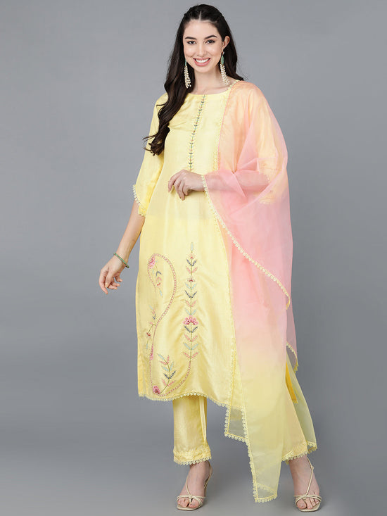 Ahika Women Yellow Poly Silk Embroidered Kurta Trousers With Dupatta 2