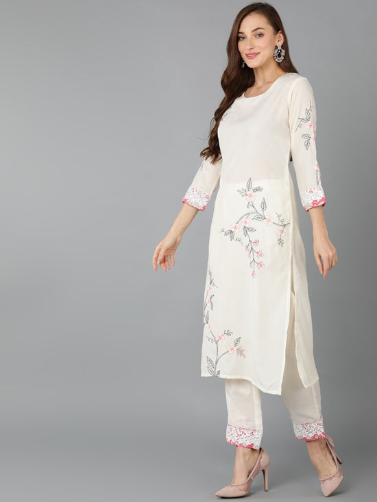 Ahika Women Poly Silk Embroidered Solid Kurta