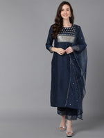 Ahika Women Navy Blue Poly Silk Solid Yoke Design Kurta Trousers With Dupatta