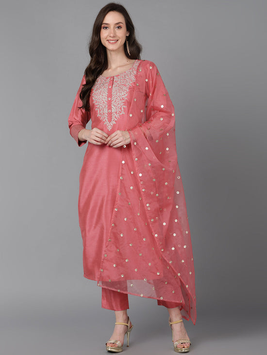 Ahika Women Pink Poly Silk Solid Yoke Design Kurta Trousers With Dupatta 1