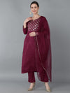 Ahika Women Burgundy Silk Blend Yoke Design Kurta Trousers With Dupatta