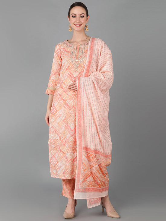 Ahika Women Peach Silk Blend Printed Kurta Trousers With Dupatta