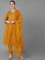 Ahika Women Mustard Silk Blend Embroidered Kurta Set