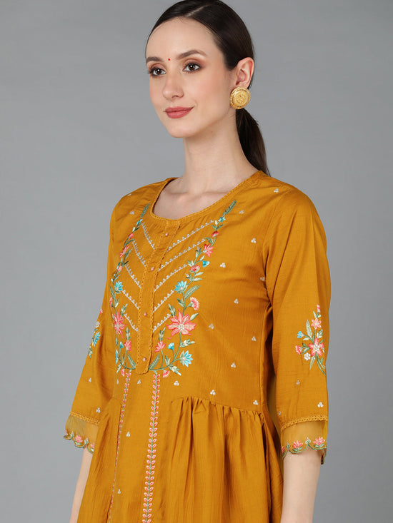 Ahika Women Mustard Silk Blend Embroidered Kurta Set