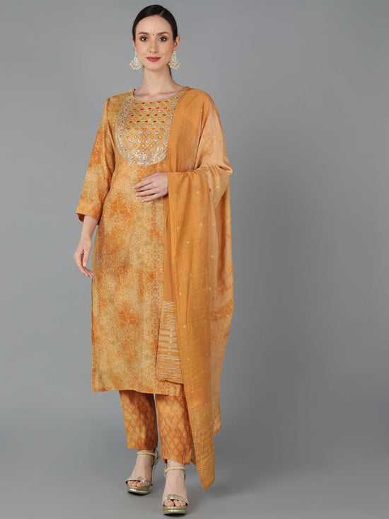 Ahika Women Mustard Silk Blend Yoke Design Kurta Set