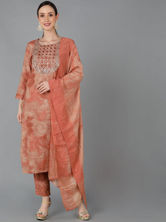 Ahika Women Peach Silk Blend Yoke Design Kurta Set