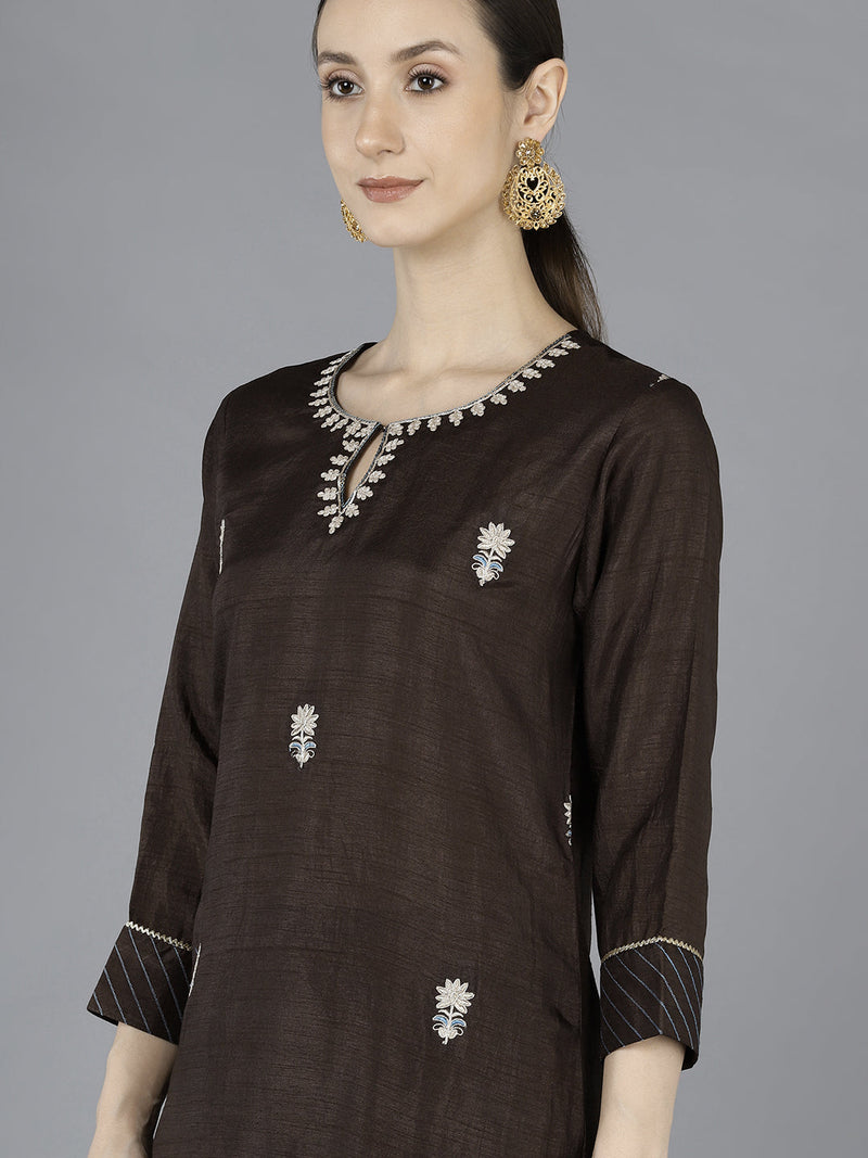 Ahika Women Grey Silk Blend Embroidered